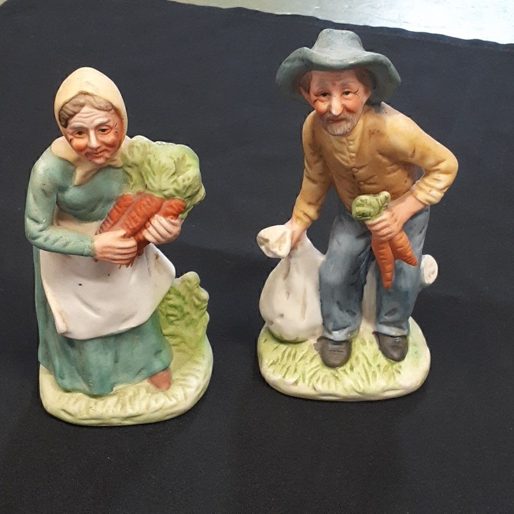 Vintage set of old lady with carrots and old man with carrots